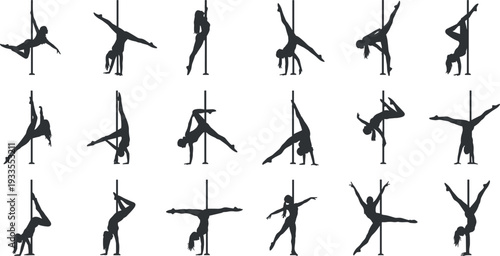 Pole dance silhouette vector set, athletic female poses collection, acrobatic fitness choreography icons for sport, dance studio, and performance illustration