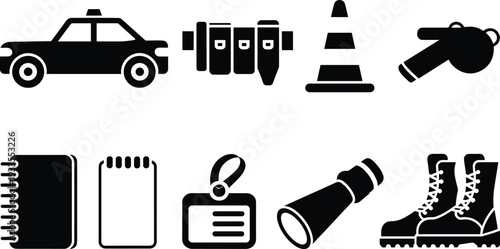 Police and security equipment icon set vector illustration including car, whistle, traffic cone, flashlight, notebook, ID badge, boots, handcuffs, and patrol accessories
