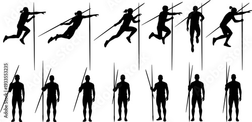 Pole vault athlete silhouettes vector set, track and field sports action sequence illustration, black human figures collection for athletics training, competition design