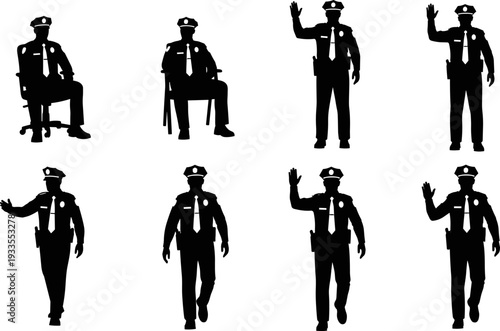 Police officer silhouettes set, law enforcement poses and gestures collection, black vector illustration for security, patrol, authority, public safety concepts
