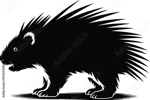 Porcupine silhouette vector illustration, wild animal design with sharp quills, black and white wildlife graphic art for nature, forest, and animal theme concepts