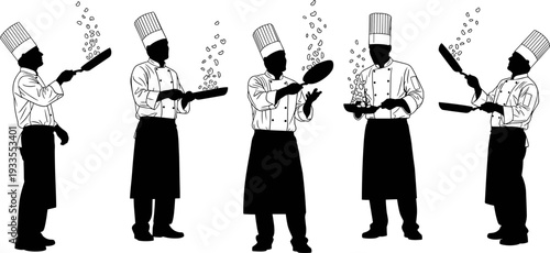 Professional chef cooking silhouette set vector illustration showing chefs tossing food in frying pans, culinary skills, restaurant kitchen action and gourmet food preparation isolated 