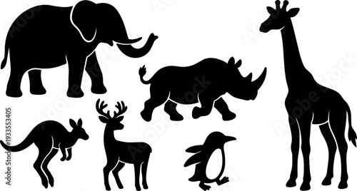 Silhouette vector sheet of seven african and antarctic animal profiles in flat black side view isolated on white background collection