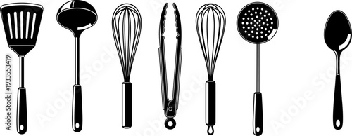 Professional kitchen utensil vector silhouette set, cooking flatware, various tools for food preparation, chef equipment and household items graphic design isolated.