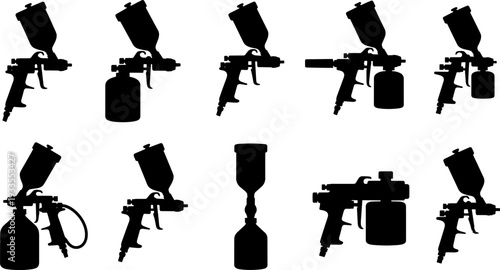 Professional Paint Spray Gun Silhouette Collection, Automotive Airbrush Icons, Industrial Coating Tools, Pneumatic Painting Equipment Vector Set, Car Body Repair Shop Graphics