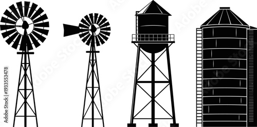 Black silhouette vector icons of classic farm structures: two traditional water-pumping windmills, an elevated water tower, and a large grain silo; agricultural and rural life elements.