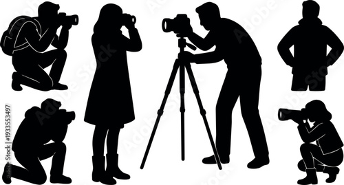Silhouette vector set showing photographers and models in varied poses with tripod camera kneeling standing and equipment backpack long lens