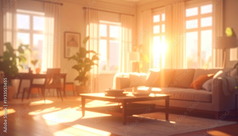 Fototapeta premium Bright sunlit living room with open windows, modern furniture, and a warm atmosphere