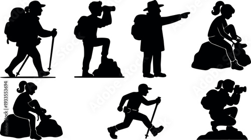 Silhouette vector set of hikers in action trekking climbing pointing and photographing on trail with backpacks and poles resting poses