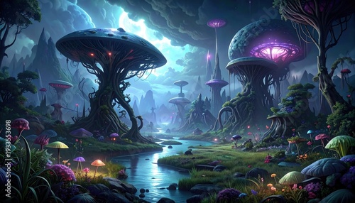 Dreamscape fantasy scene with glowing mushroom trees, river, and alien architecture
