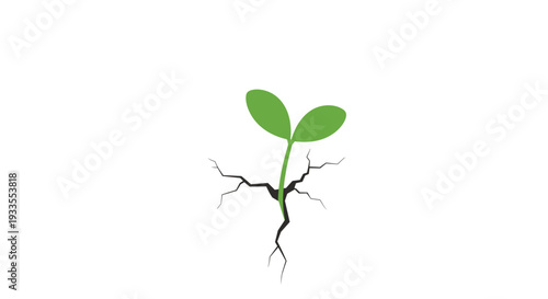 A very tiny green seedling with two small leaves is depicted resiliently emerging from a narrow crack in a dry, cracked earth surface.