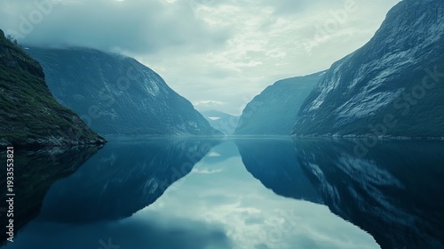 Stunning norwegian fjord reflection in calm water surrounded by mountains and sky