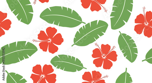 Seamless Tropical Pattern with Red Hibiscus Flowers and Green Banana Leaves Vector