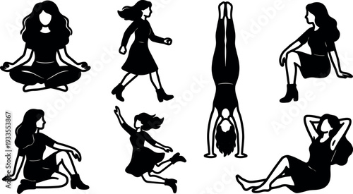 Flat silhouette vector set of seven women poses including meditation walking handstand sitting reclining jumping and casual seated profiles illustrations