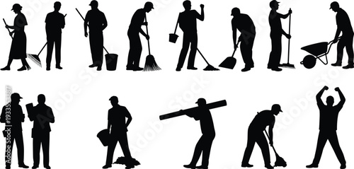 Construction and cleaning worker silhouettes collection, professional labor team with broom shovel wheelbarrow bucket vector illustration isolated on white background concept