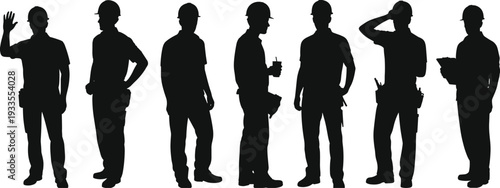 Construction worker silhouettes in different poses, professional builder team vector illustration isolated on white background, industrial labor workforce occupation concept