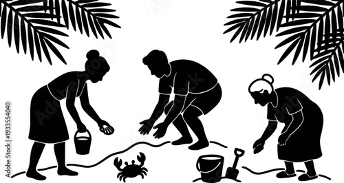 Silhouette vector side view three people bending to collect shells buckets shovel crab under palm leaves on beach low tide
