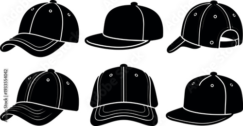 Flat design baseball cap vector set six black silhouette angles front back side three quarter views simple outline icon collection