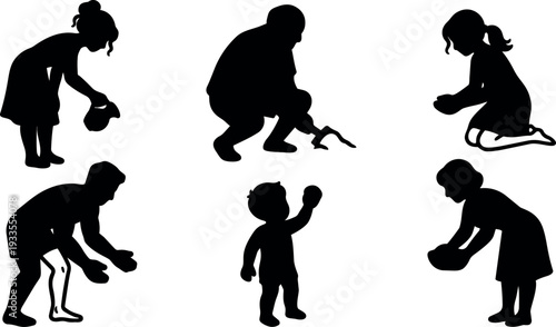 Flat vector silhouette six figures bending and kneeling offering bowls and scooping items in simple isolated composition studio lighting minimal