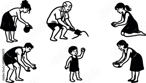 Flat silhouette vector set showing six people offering food water and items in bowing gestures side view simple composition black