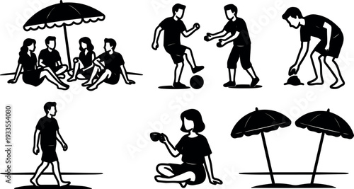 Flat design beach silhouettes showing group sitting under umbrella playing ball digging in sand person walking and woman sipping drink