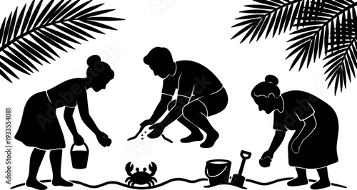 Silhouette vector beach scene three people collecting shells crab bucket and shovel under palm leaves low angle gentle sunlight family