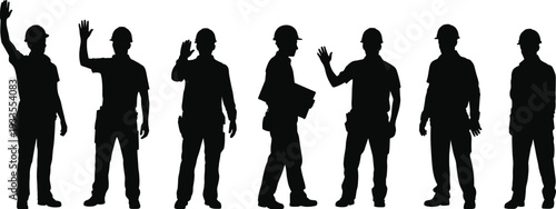 Construction worker silhouettes waving and greeting, professional builder team vector illustration isolated on white background, industrial labor workforce safety concept