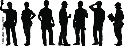 Construction worker silhouettes standing and waving, professional builder team vector illustration isolated on white background, industrial labor workforce occupation concept