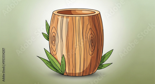 Wooden cup with green leaves on a gradient background illustration of eco friendly tableware