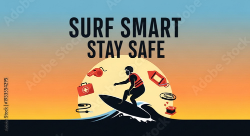 Surfer riding wave with safety gear at sunset surf smart stay safe