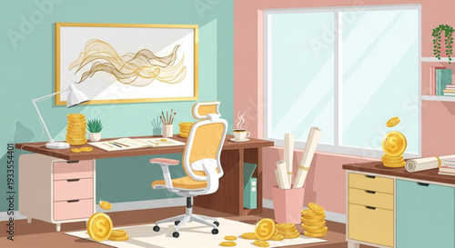 Cluttered office space with coins scattered on floor and desk messy workspace with chair and window