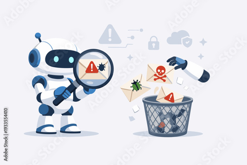 AI Robot Automatically Filtering and Deleting Scam Emails and Malicious Phishing Messages with Magnifying Glass and Trash Bin for Cyber Security, Data Protection, and Malware Prevention Illustration