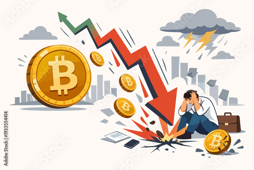 Bitcoin Price Crash and Cryptocurrency Market Volatility Concept with Stressed Investor Sitting Near a Falling Red Arrow, Representing Financial Loss, Economic Crisis, and Bearish Trend