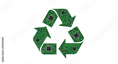 A clear recycling symbol is meticulously formed by three distinct arrows, each crafted solely from vibrant green circuit board patterns with embedded black microchips.