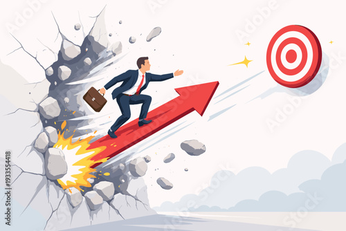 Ambitious businessman riding a red arrow breaking through a wall to reach a target. Concept of overcoming obstacles, achieving success, business growth, leadership, and breakthrough progress.