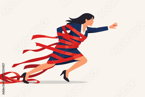 Businesswoman Running and Struggling Against Red Tape, Concept of Bureaucracy, Career Obstacles, Limitation, and Trap, Business Difficulty or Challenge to Overcome Success and Goal Achievement.