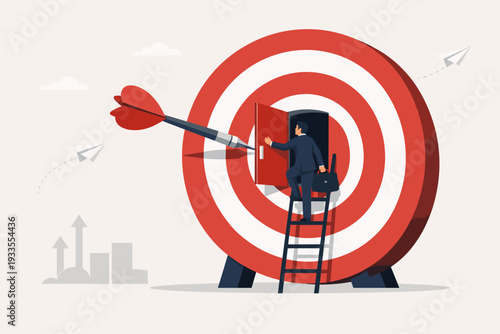Business Reach to Target or Goal Concept with Businessman Climbing Ladder to a Big Dartboard Bullseye. Professional Man Entering a Door in the Center of a Target for Success, Growth, and Strategy.