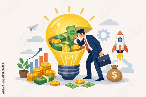 Businessman Investing Money into a Giant Lightbulb, Innovation and Creativity for Profit, Startup Success with Rocket and Financial Growth Charts, Wealth Creation and Business Strategy Concept
