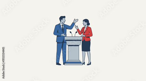 Flat Vector Illustration of a Professional Businessman and Businesswoman Standing at a Podium with Microphones Having a Formal Debate, Public Speaking Presentation, or Political Discussion Scene