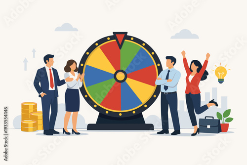 Business People Standing Around a Wheel of Fortune for Luck and Risk Management Concept. Flat Vector Illustration of Corporate Team Making Decisions, Financial Success, and Strategic Planning.