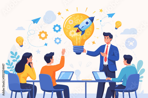 Business team brainstorming and launching new ideas with a leader holding a giant lightbulb and rocket. Concept of innovation, startup growth, creative thinking, and successful collaboration.