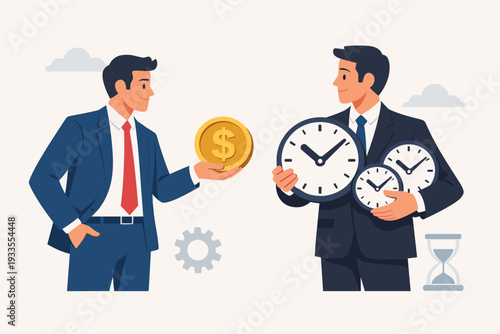 Professional Businessman in a Suit Offering a Gold Dollar Coin to Buy Time from Another Executive Holding Multiple Clocks, Illustrating the Concept of Time is Money and Resource Management.
