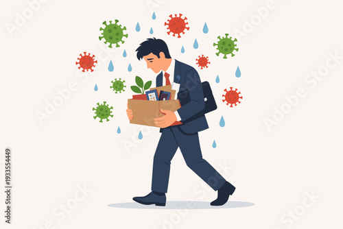 Sad Businessman Carrying Box of Personal Belongings After Being Fired During Global Pandemic Economic Crisis, Job Loss and Unemployment Due to Coronavirus Outbreak, Worker Fired Concept Illustration