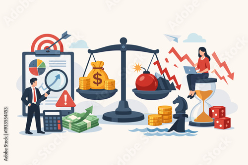 Business risk analysis and management concept with professional people analyzing financial data, investment risks, and economic crisis using scales, hourglass, bomb, and strategic tools.