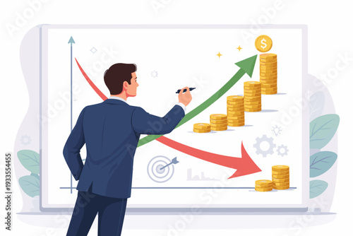 Businessman Drawing Financial Growth and Cost Reduction Graph on Whiteboard. Vector Illustration of Profit Maximization, Investment Strategy, Economic Success, and Business Analytics with Gold Coins.