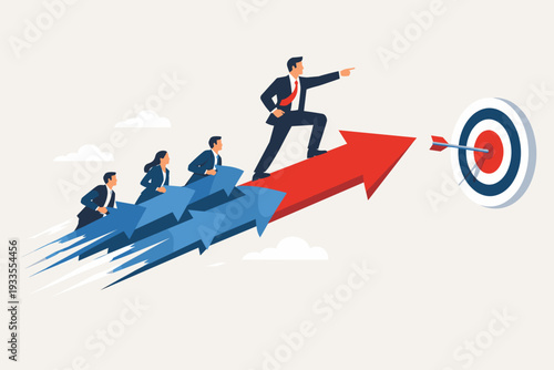 Business leadership concept with a visionary leader riding a flying red arrow towards a target while his team follows on blue arrows, symbolizing success, corporate growth, and goal achievement.