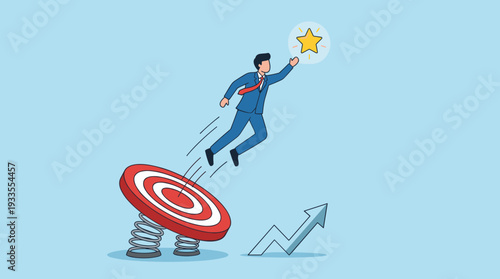 Ambitious businessman jumping from a target trampoline to reach a glowing star, metaphor for success, career growth, achievement, motivation, and reaching high goals, flat vector illustration.