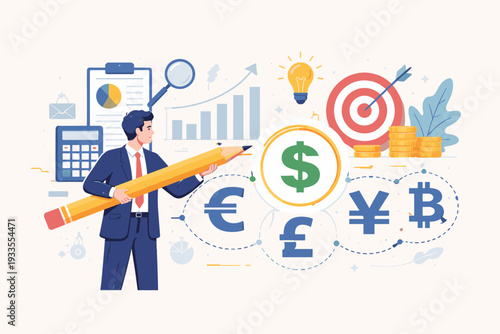 Businessman holding giant pencil planning financial strategy with currency symbols dollar euro yen bitcoin and business icons like target charts and lightbulb for investment and market success