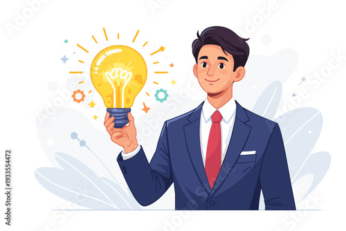 Businessman in a Professional Blue Suit Holding a Glowing Light Bulb Representing a Creative Idea, Innovation, and Inspiration. Concept of Success, Brainstorming, and Visionary Leadership Vector.