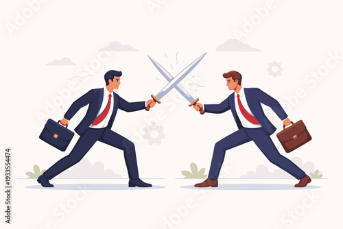 Two Professional Businessmen in Suits Engaging in a Sword Duel Representing Corporate Competition, Rivalry, and Conflict in the Modern Business World, Flat Vector Illustration Concept.